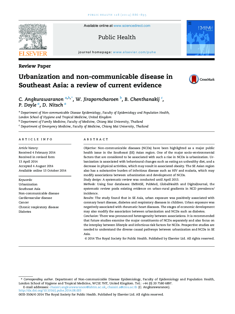 Urbanization and non-communicable disease in Southeast Asia: a review of current evidence