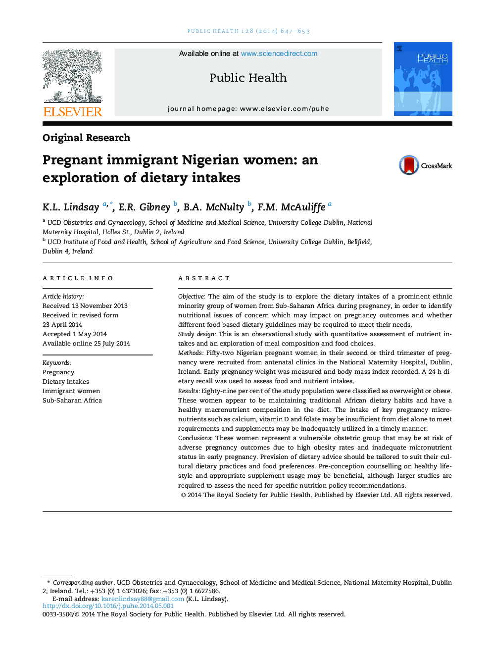 Pregnant immigrant Nigerian women: an exploration of dietary intakes