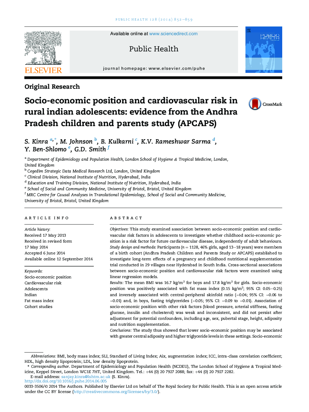 Socio-economic position and cardiovascular risk in rural indian adolescents: evidence from the Andhra Pradesh children and parents study (APCAPS)