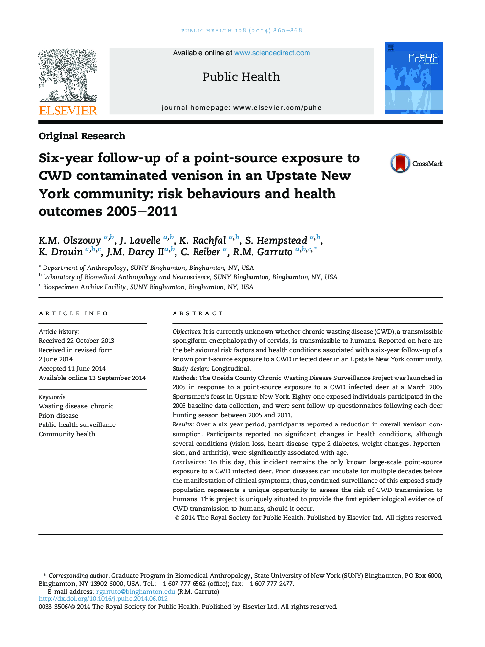 Six-year follow-up of a point-source exposure to CWD contaminated venison in an Upstate New York community: risk behaviours and health outcomes 2005-2011