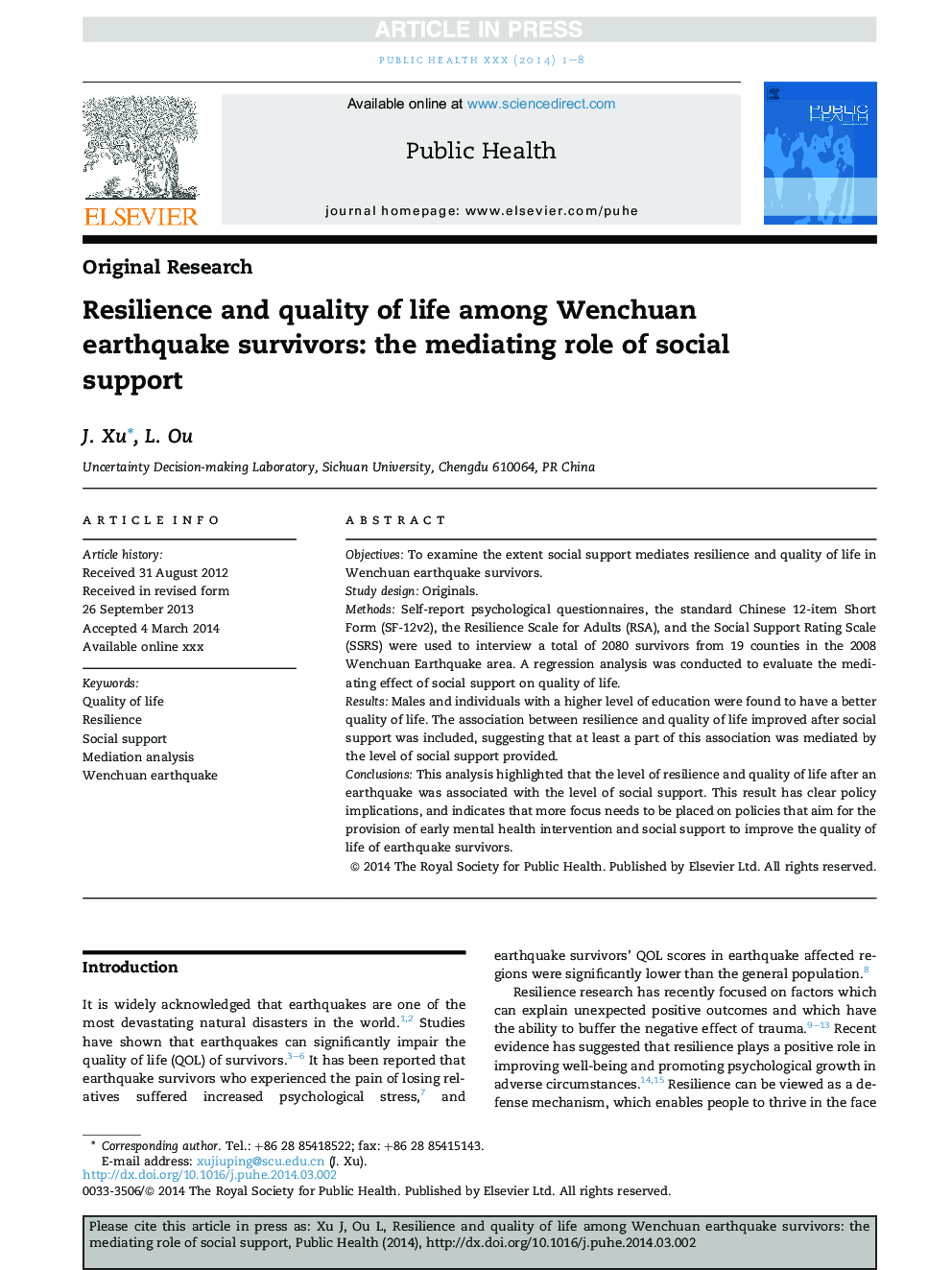 انعطاف پذیری و کیفیت زندگی در بین بازماندگان زلزله ونچوان: نقش میانجی از حمایت اجتماعی 