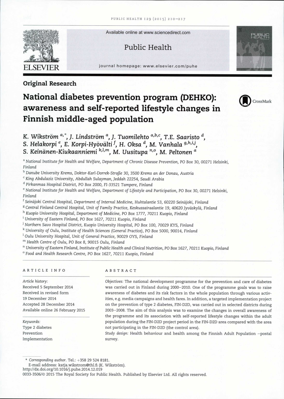 National diabetes prevention program (DEHKO): awareness and self-reported lifestyle changes in Finnish middle-aged population