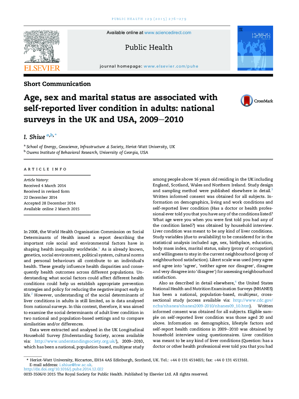 Age, sex and marital status are associated with self-reported liver condition in adults: national surveys in the UK and USA, 2009-2010