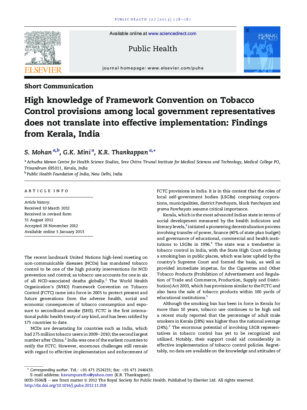 High knowledge of Framework Convention on Tobacco Control provisions among local government representatives does not translate into effective implementation: Findings from Kerala, India