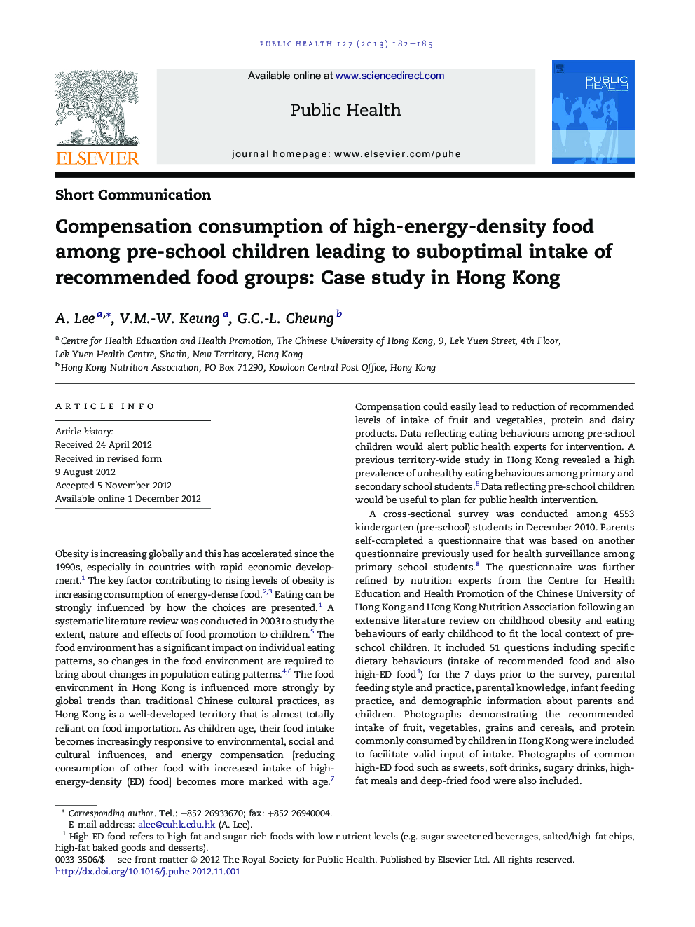 Compensation consumption of high-energy-density food among pre-school children leading to suboptimal intake of recommended food groups: Case study in Hong Kong