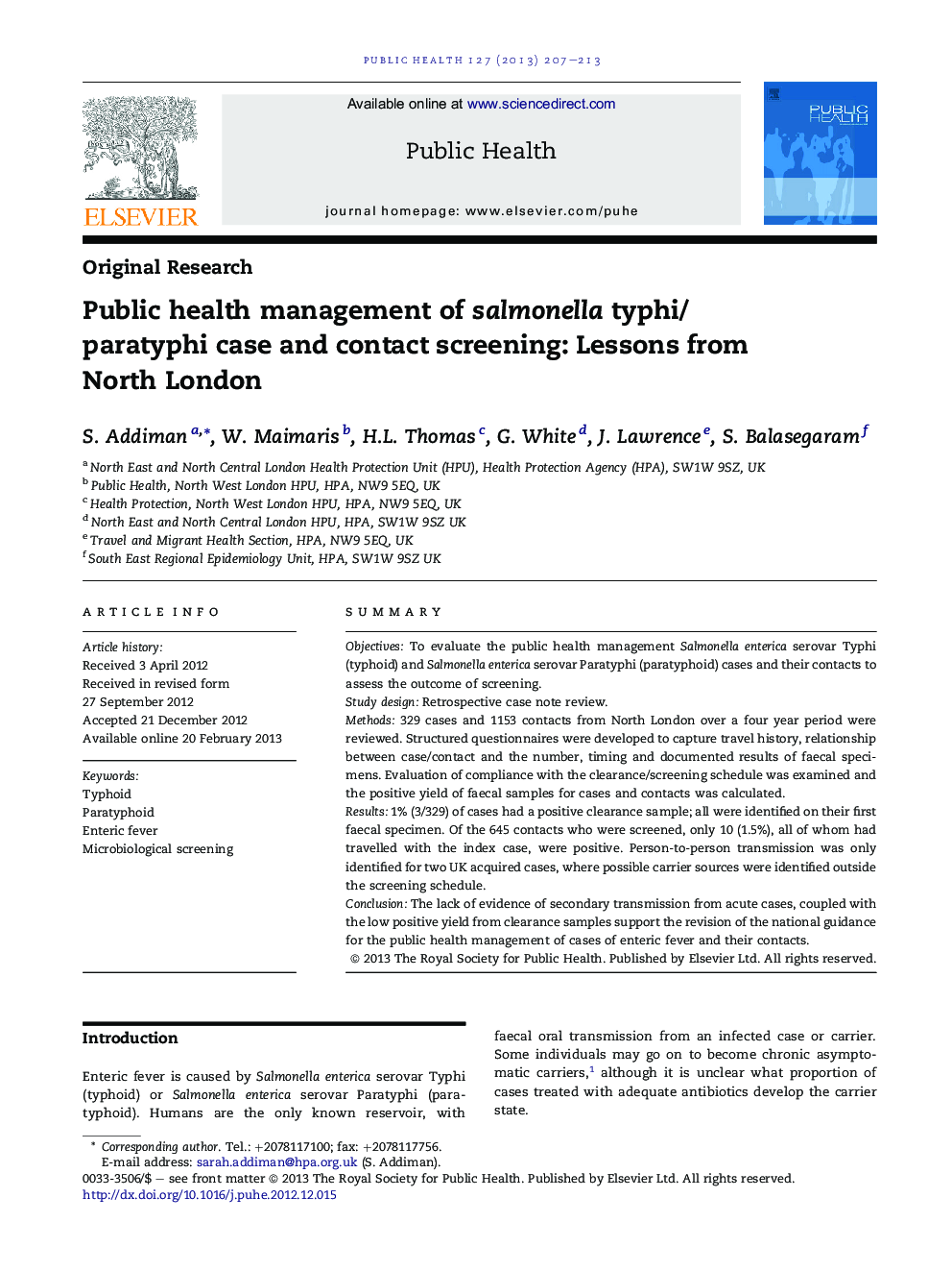 Public health management of salmonella typhi/paratyphi case and contact screening: Lessons from North London