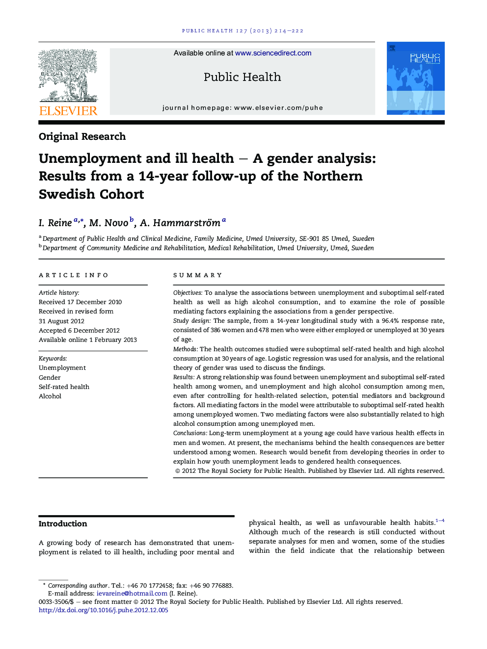 Unemployment and ill health - A gender analysis: Results from a 14-year follow-up of the Northern Swedish Cohort