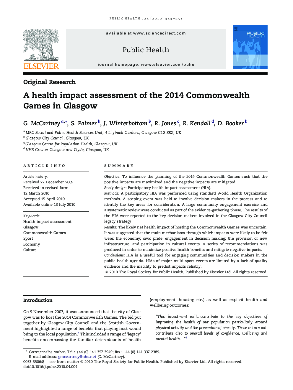 A health impact assessment of the 2014 Commonwealth Games in Glasgow