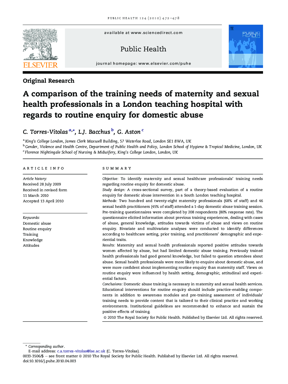 A comparison of the training needs of maternity and sexual health professionals in a London teaching hospital with regards to routine enquiry for domestic abuse