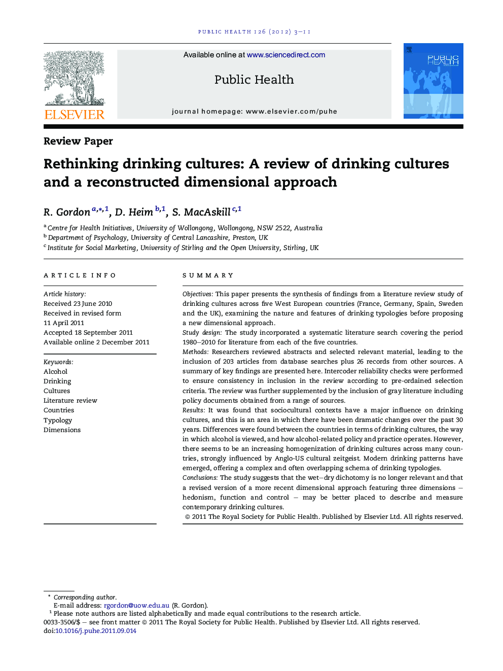 Rethinking drinking cultures: A review of drinking cultures and a reconstructed dimensional approach