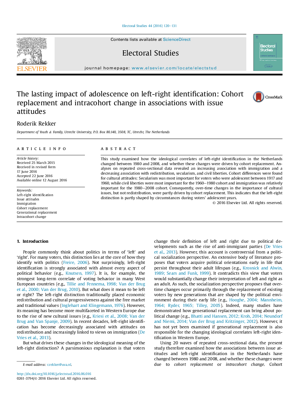 The lasting impact of adolescence on left-right identification: Cohort replacement and intracohort change in associations with issue attitudes