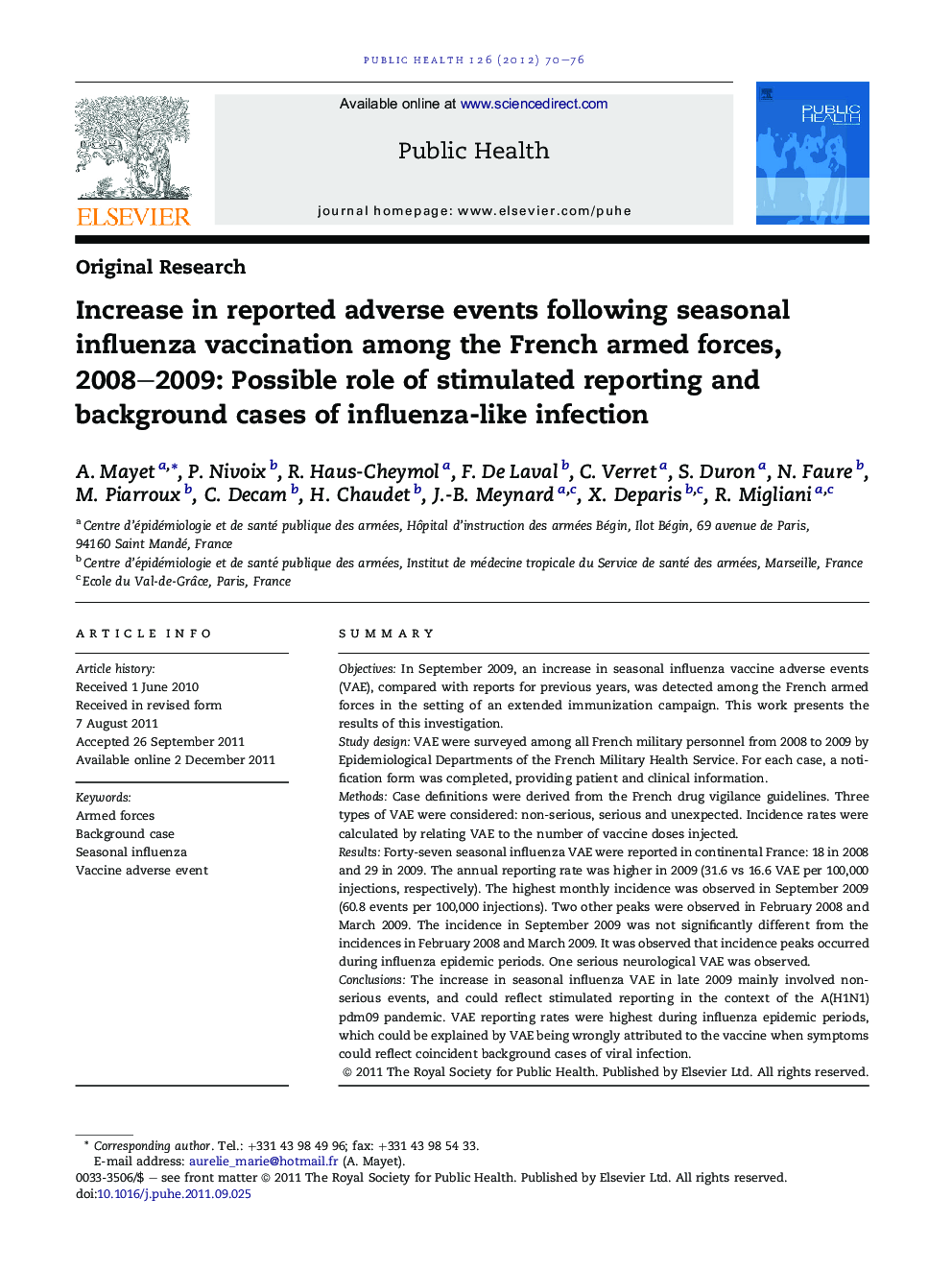 Increase in reported adverse events following seasonal influenza vaccination among the French armed forces, 2008-2009: Possible role of stimulated reporting and background cases of influenza-like infection