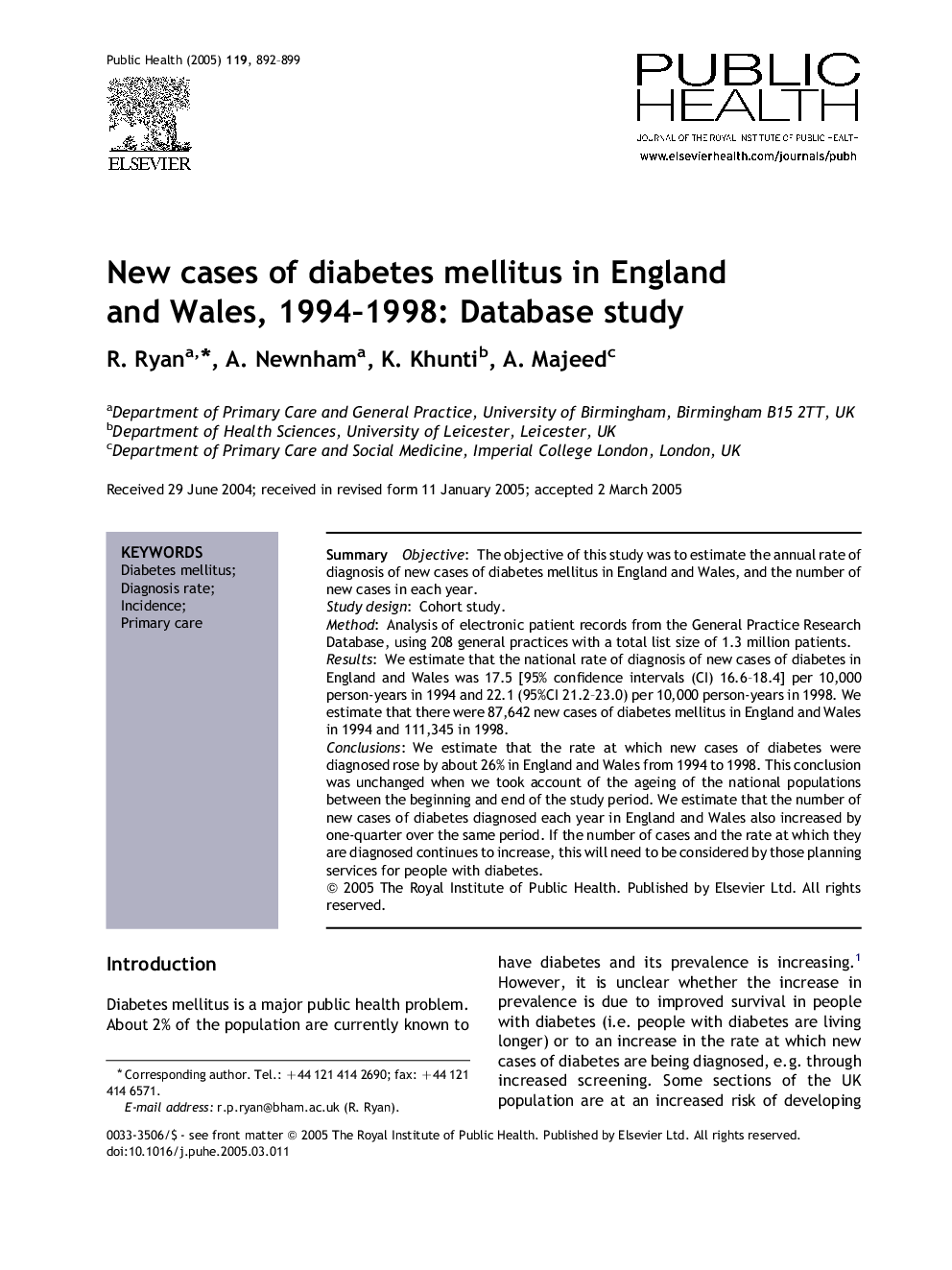 New cases of diabetes mellitus in England and Wales, 1994-1998: Database study