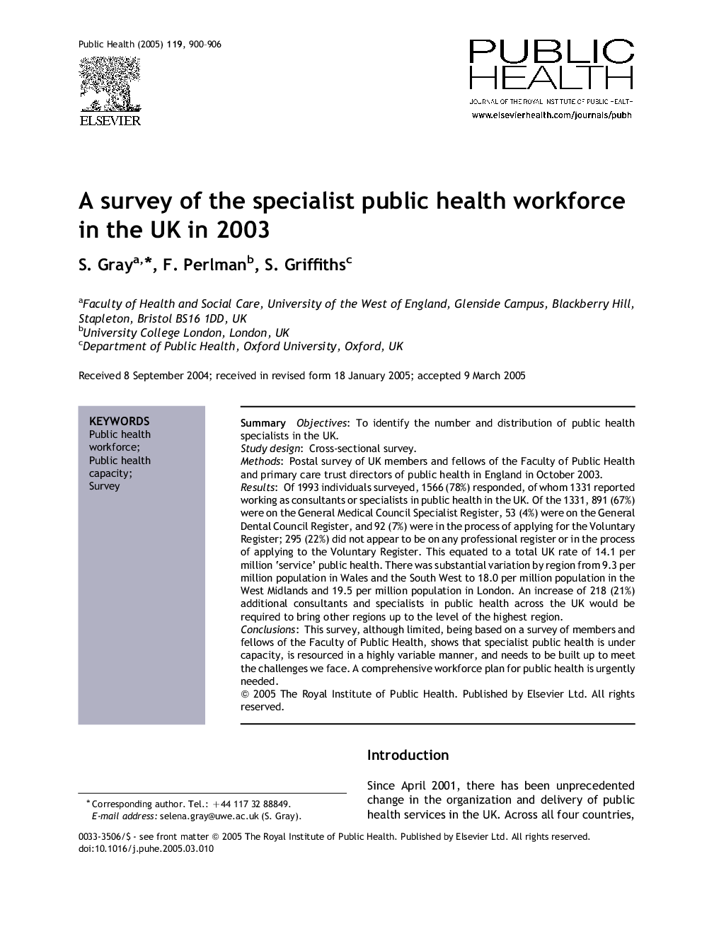 A survey of the specialist public health workforce in the UK in 2003