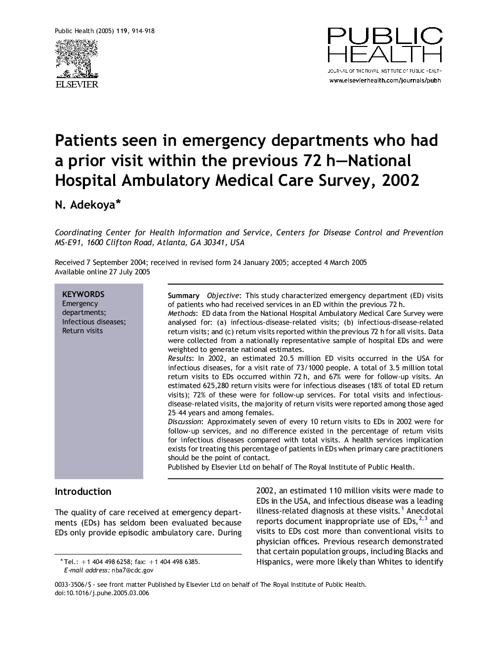 Patients seen in emergency departments who had a prior visit within the previous 72Â h-National Hospital Ambulatory Medical Care Survey, 2002