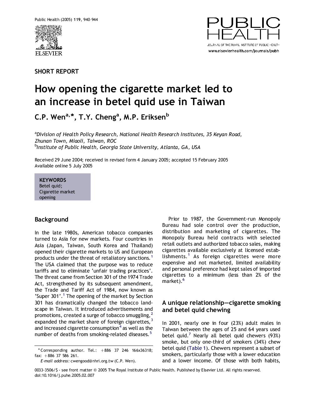 How opening the cigarette market led to an increase in betel quid use in Taiwan