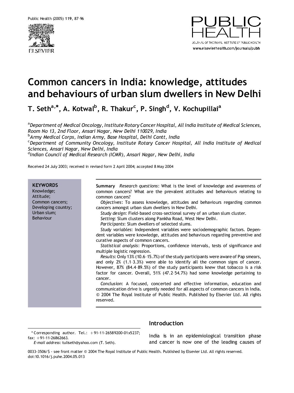 Common cancers in India: knowledge, attitudes and behaviours of urban slum dwellers in New Delhi