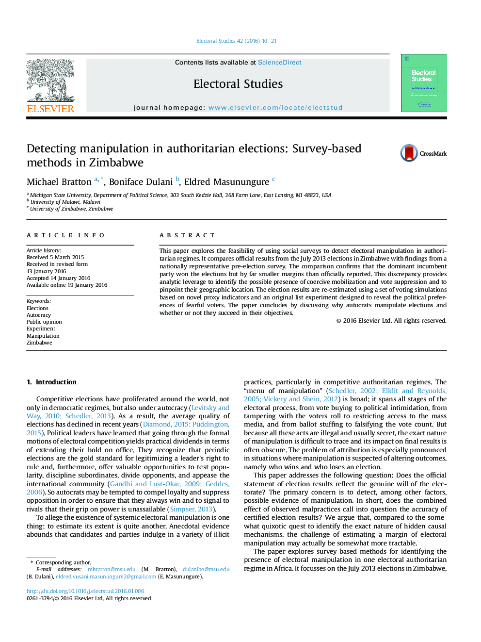 Detecting manipulation in authoritarian elections: Survey-based methods in Zimbabwe