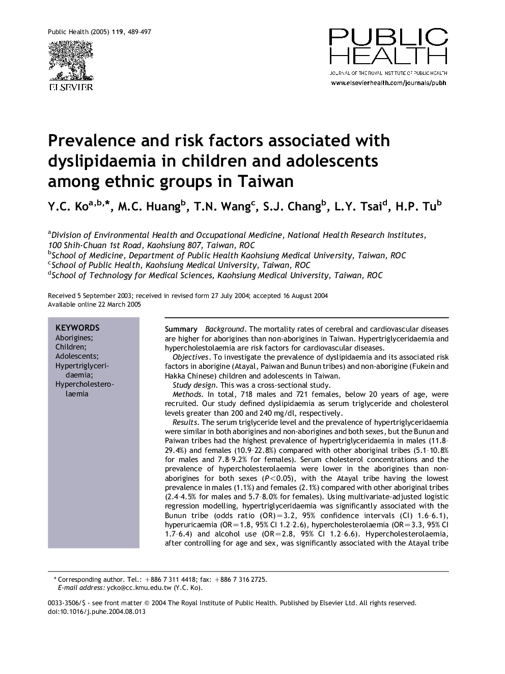 Prevalence and risk factors associated with dyslipidaemia in children and adolescents among ethnic groups in Taiwan