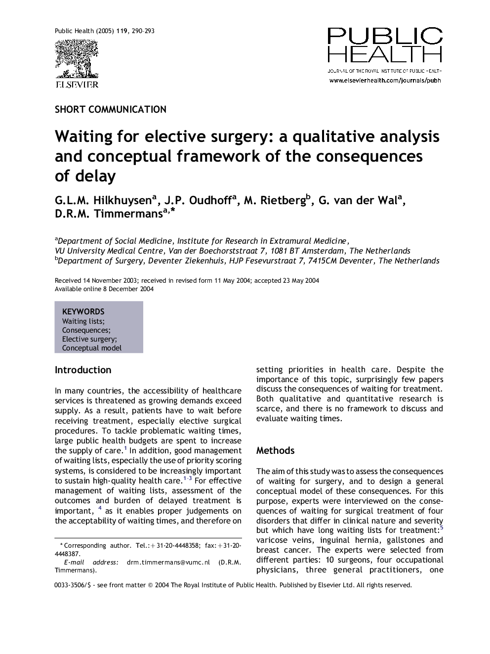 Waiting for elective surgery: a qualitative analysis and conceptual framework of the consequences of delay