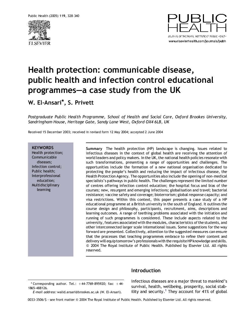 Health protection: communicable disease, public health and infection control educational programmes-a case study from the UK