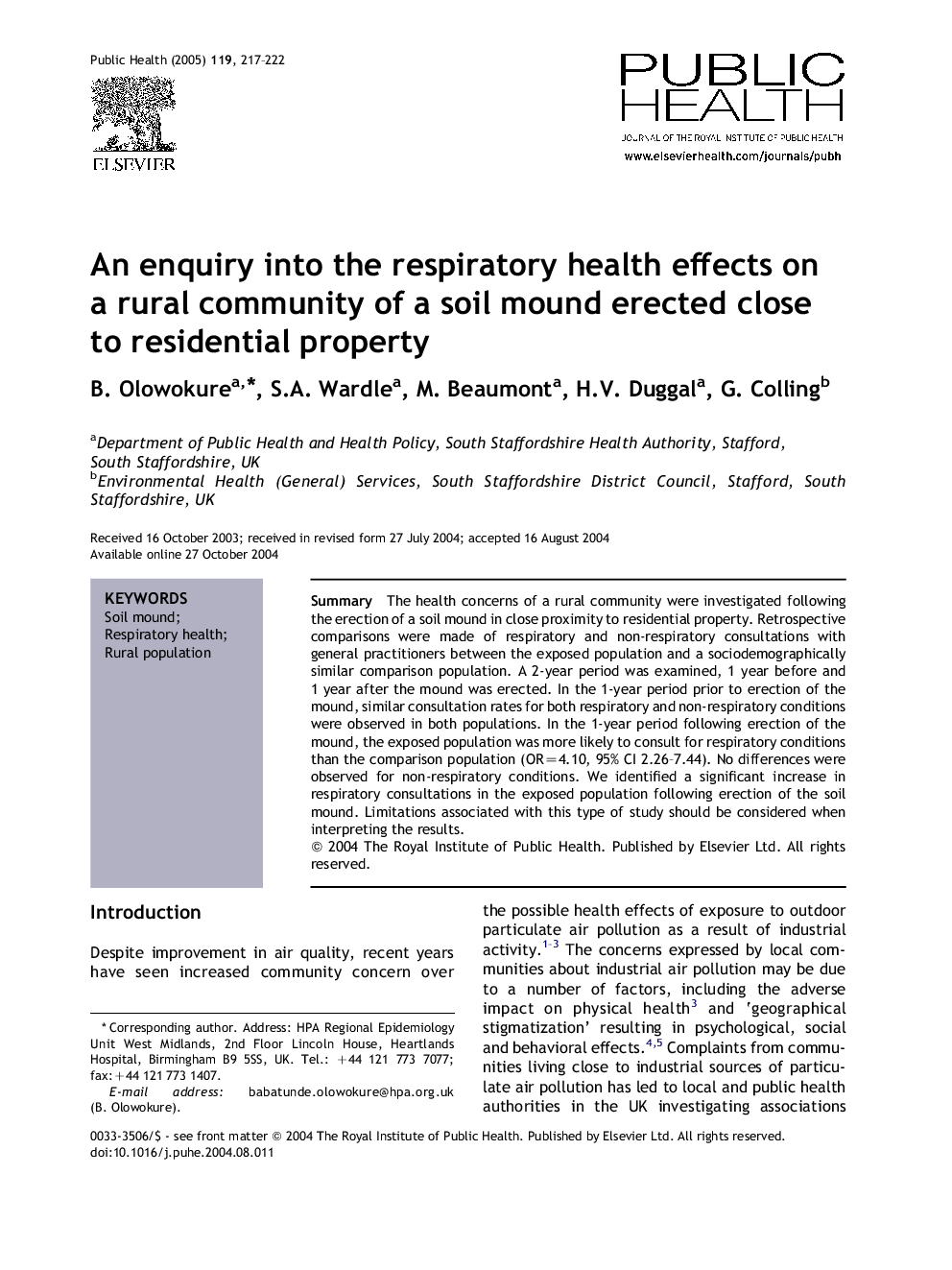 An enquiry into the respiratory health effects on a rural community of a soil mound erected close to residential property