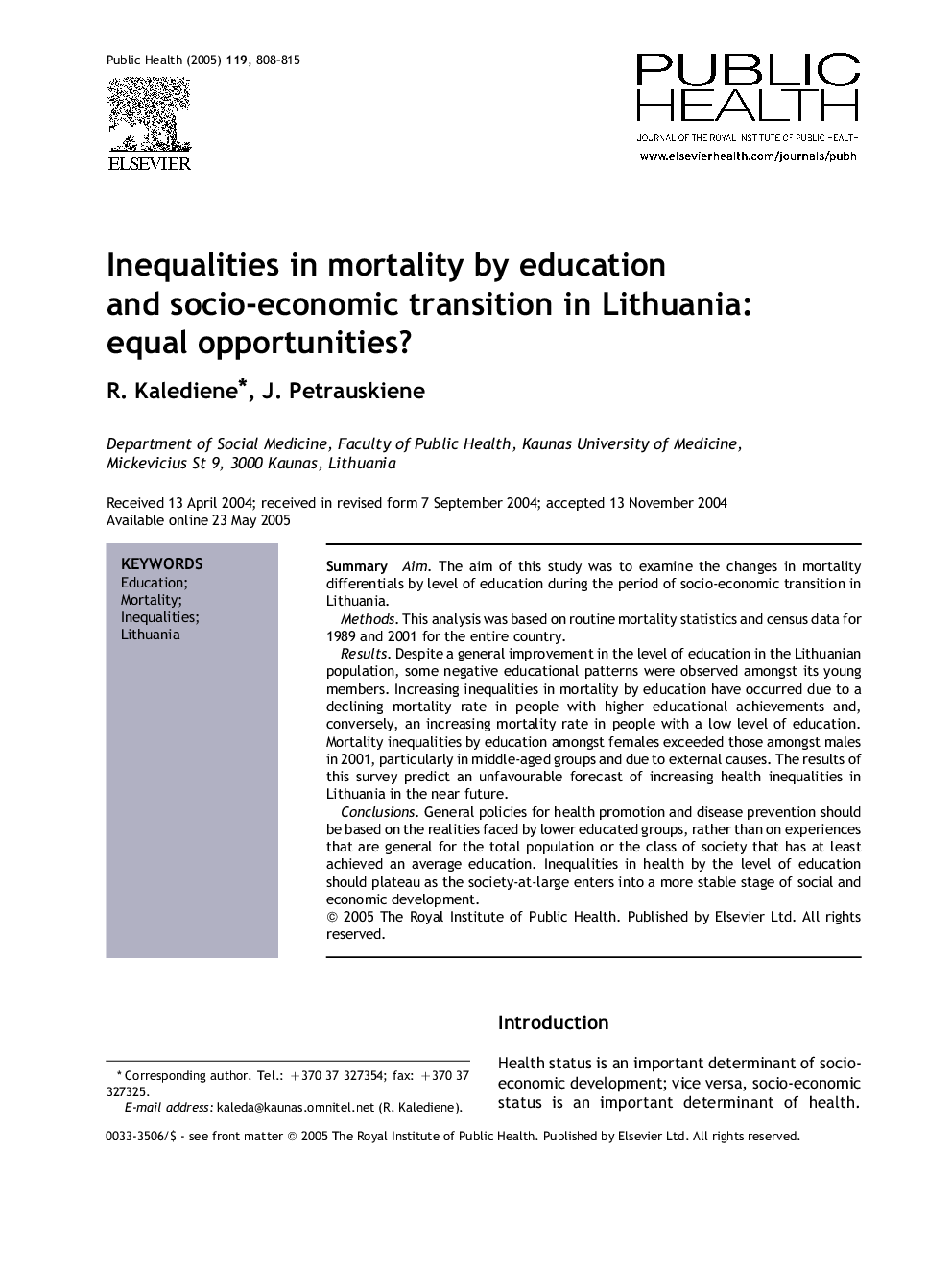 Inequalities in mortality by education and socio-economic transition in Lithuania: equal opportunities?