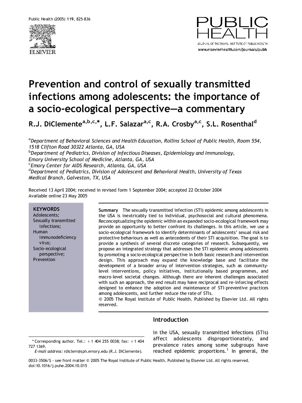 Prevention and control of sexually transmitted infections among adolescents: the importance of a socio-ecological perspective-a commentary