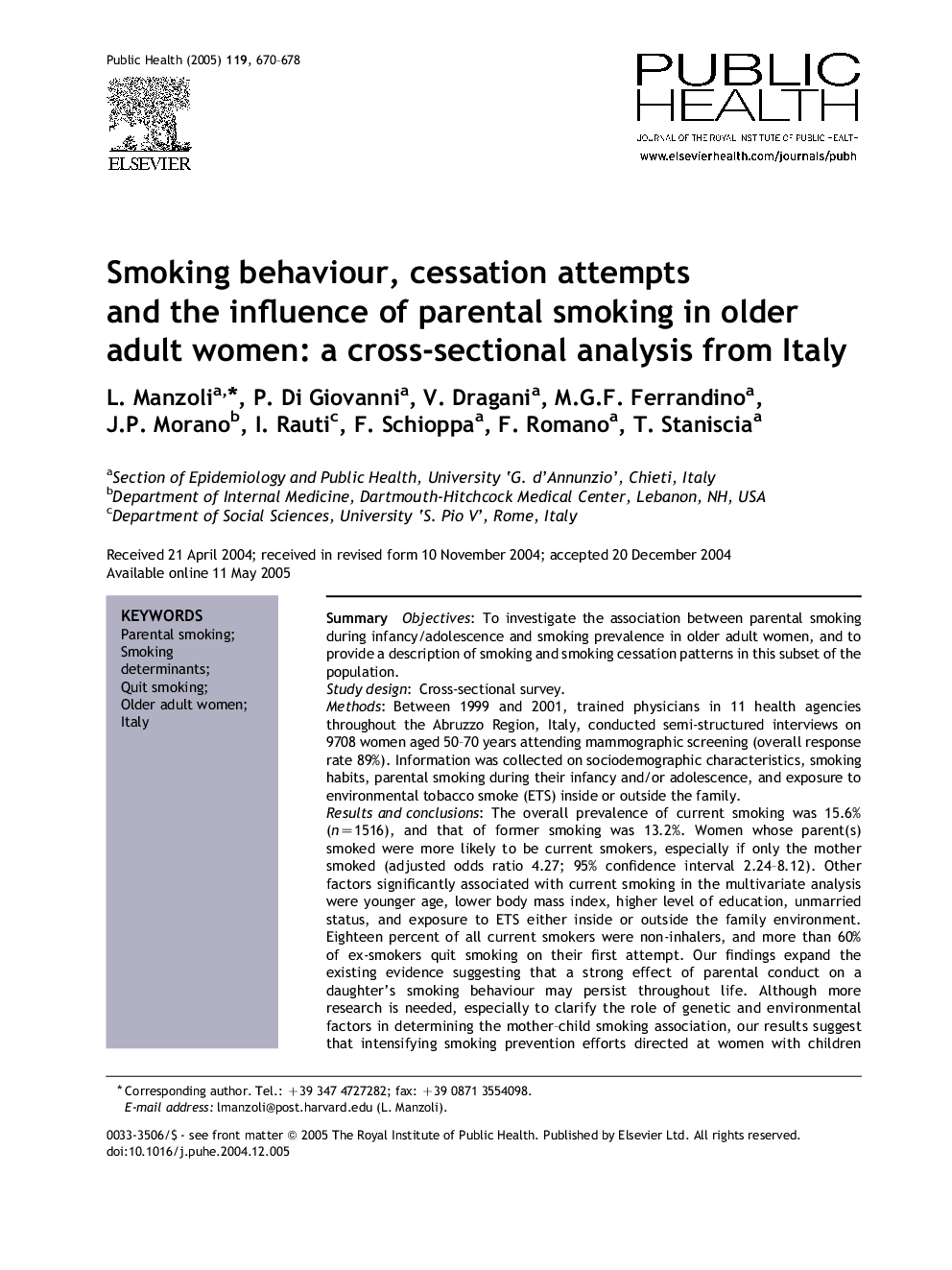 Smoking behaviour, cessation attempts and the influence of parental smoking in older adult women: a cross-sectional analysis from Italy