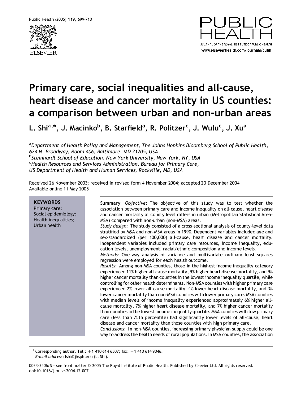 Primary care, social inequalities and all-cause, heart disease and cancer mortality in US counties: a comparison between urban and non-urban areas