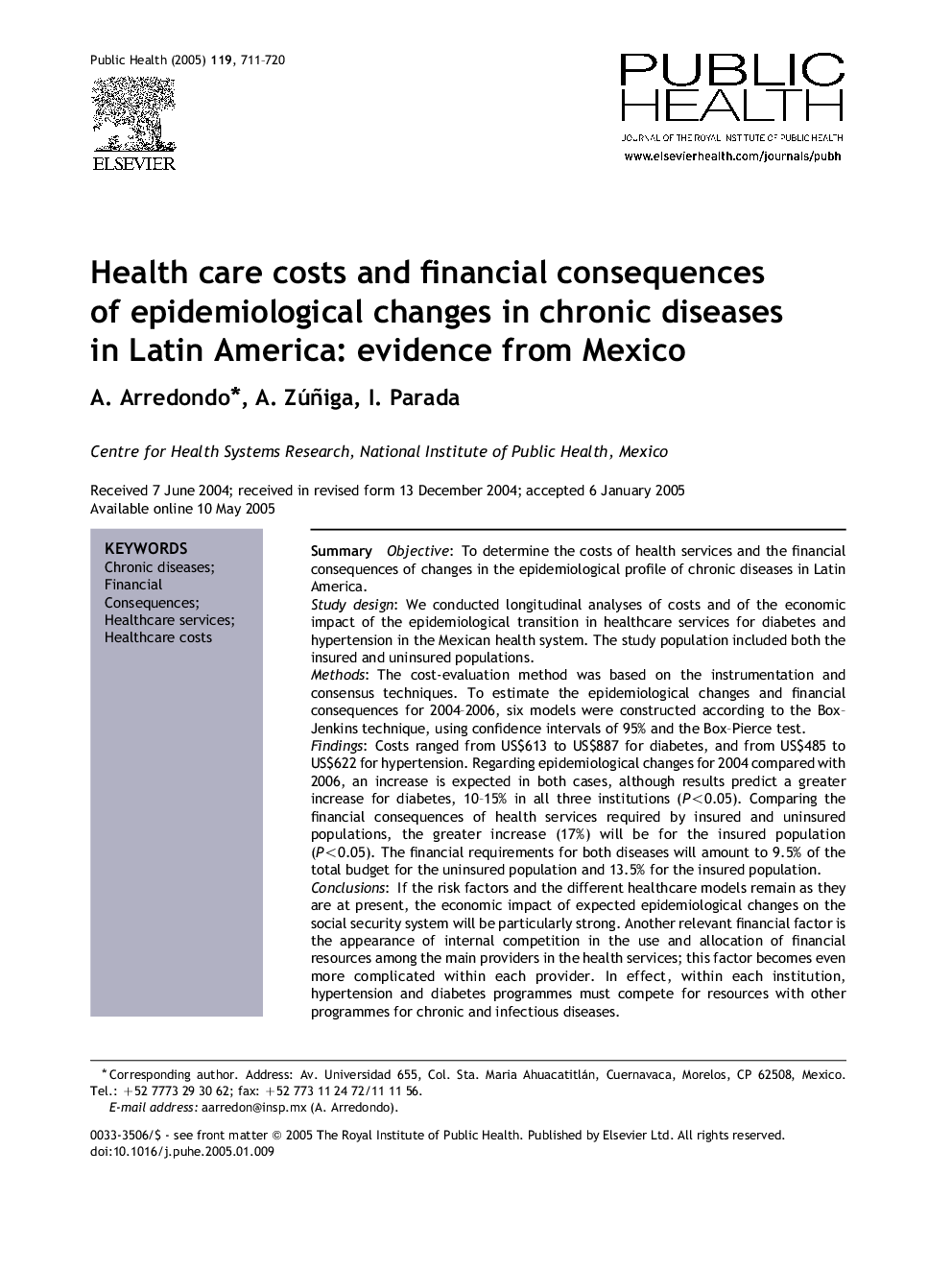 Health care costs and financial consequences of epidemiological changes in chronic diseases in Latin America: evidence from Mexico