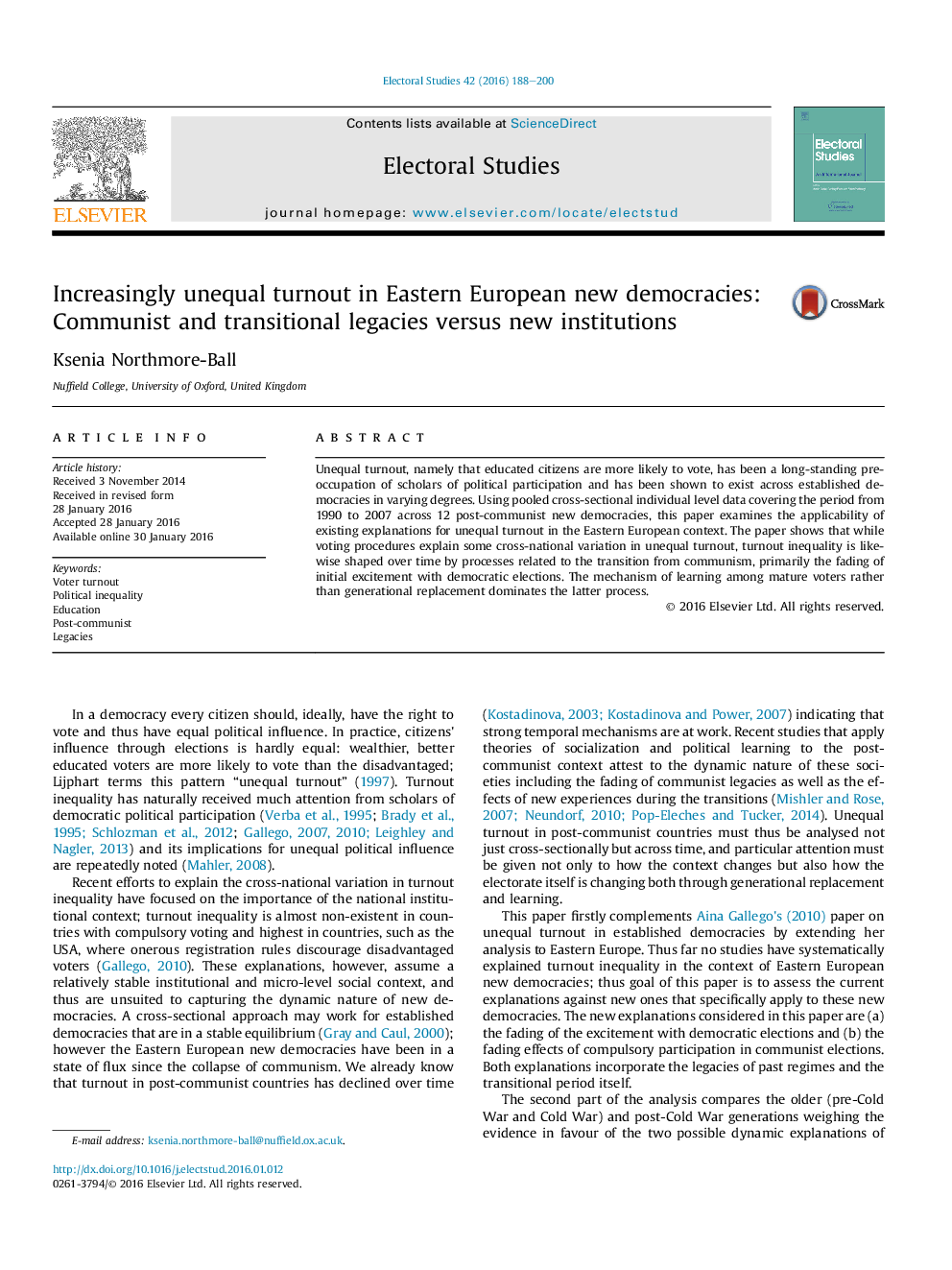 Increasingly unequal turnout in Eastern European new democracies: Communist and transitional legacies versus new institutions