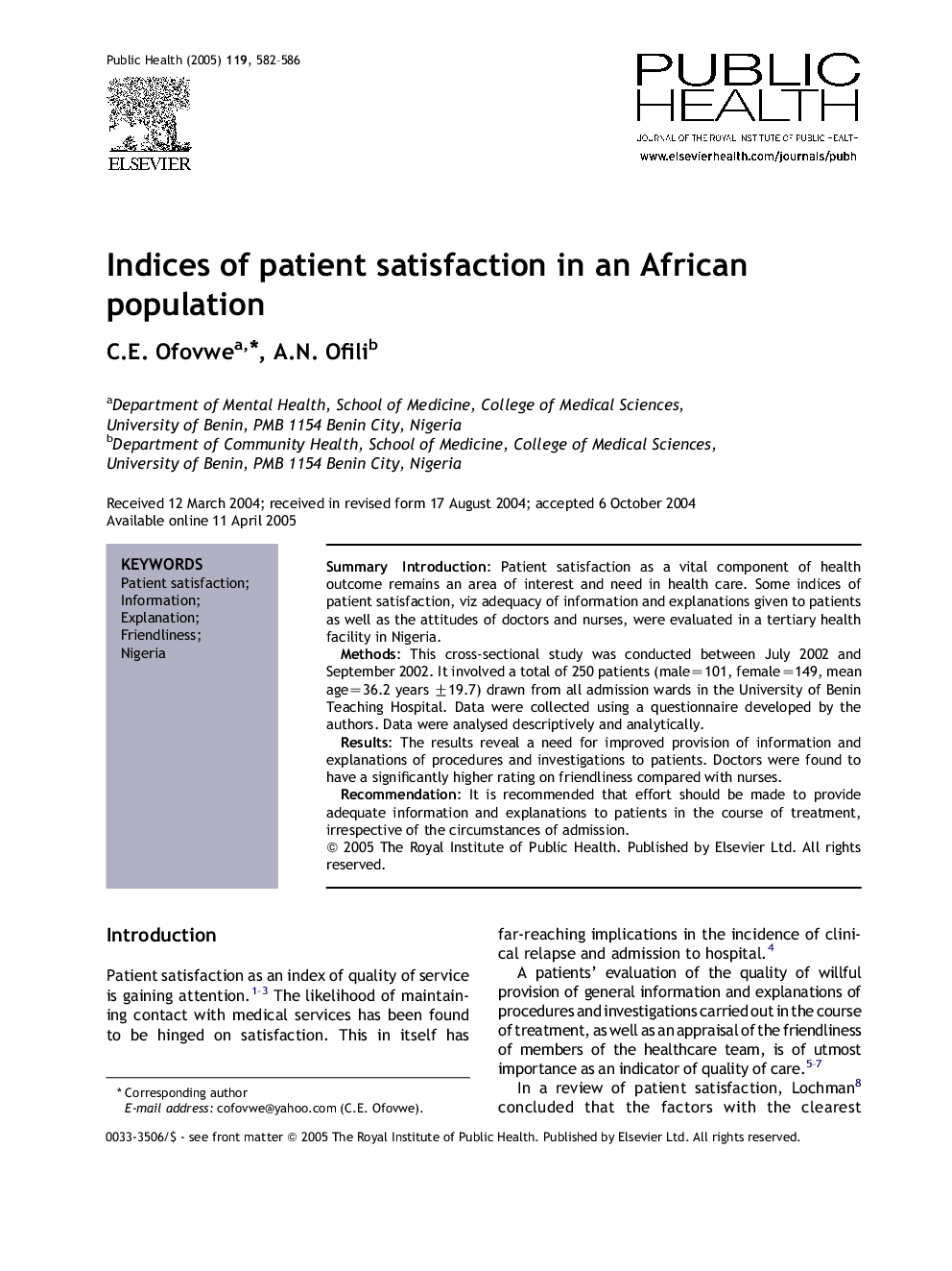 Indices of patient satisfaction in an African population