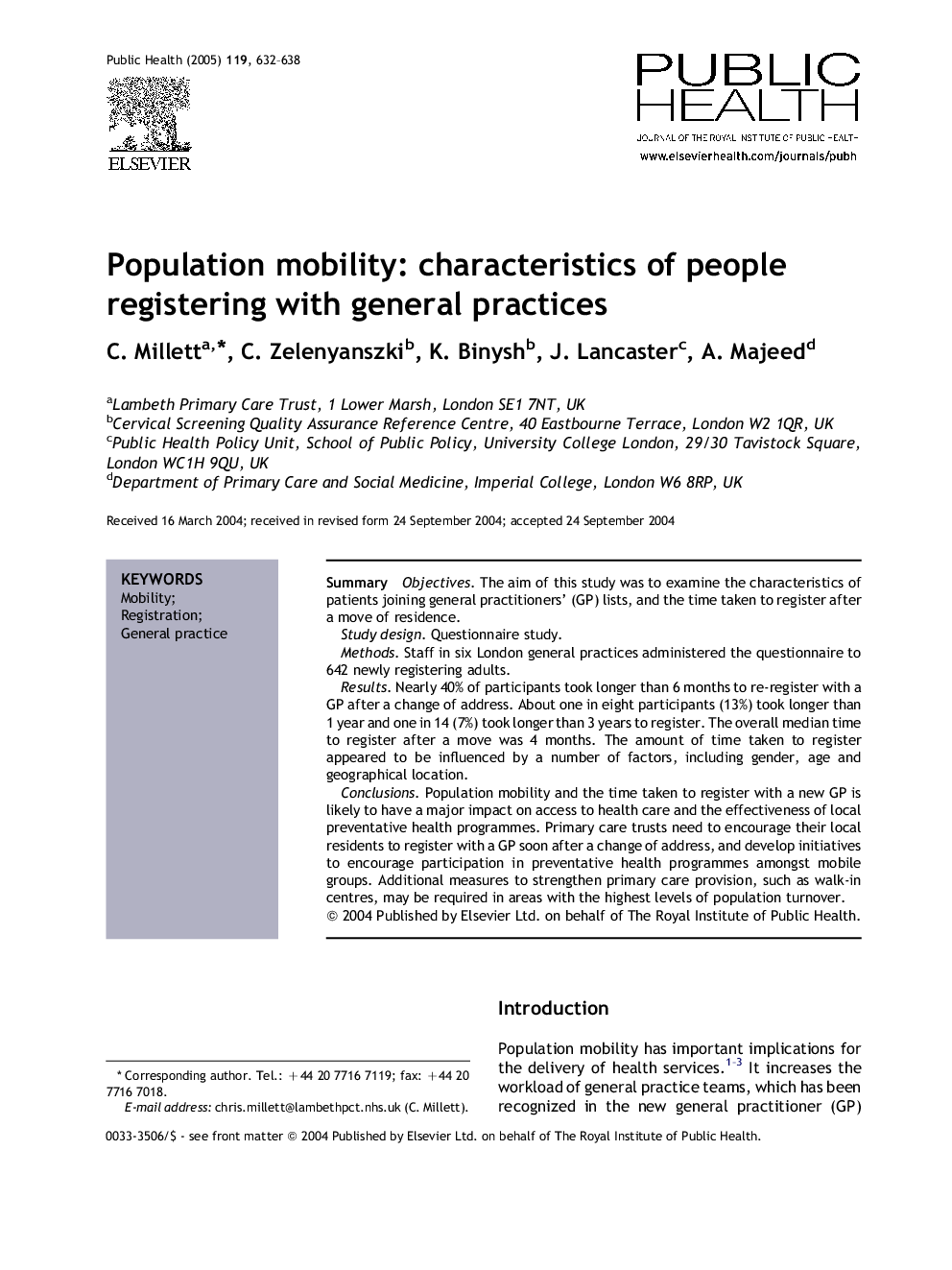 Population mobility: characteristics of people registering with general practices