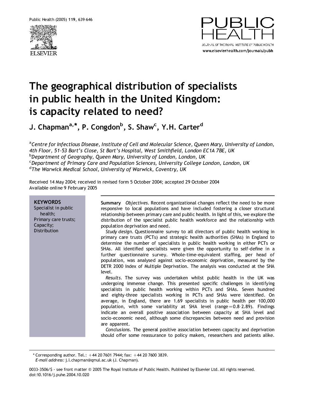 The geographical distribution of specialists in public health in the United Kingdom: is capacity related to need?