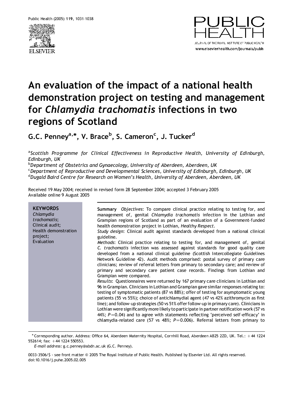 An evaluation of the impact of a national health demonstration project on testing and management for Chlamydia trachomatis infections in two regions of Scotland