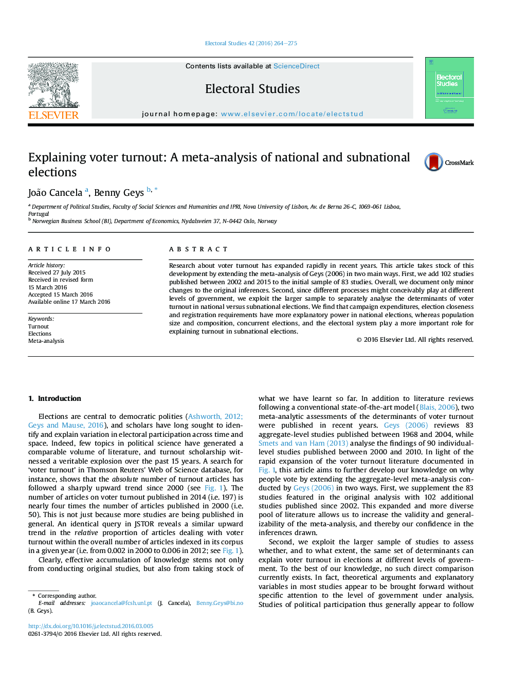 Explaining voter turnout: A meta-analysis of national and subnational elections