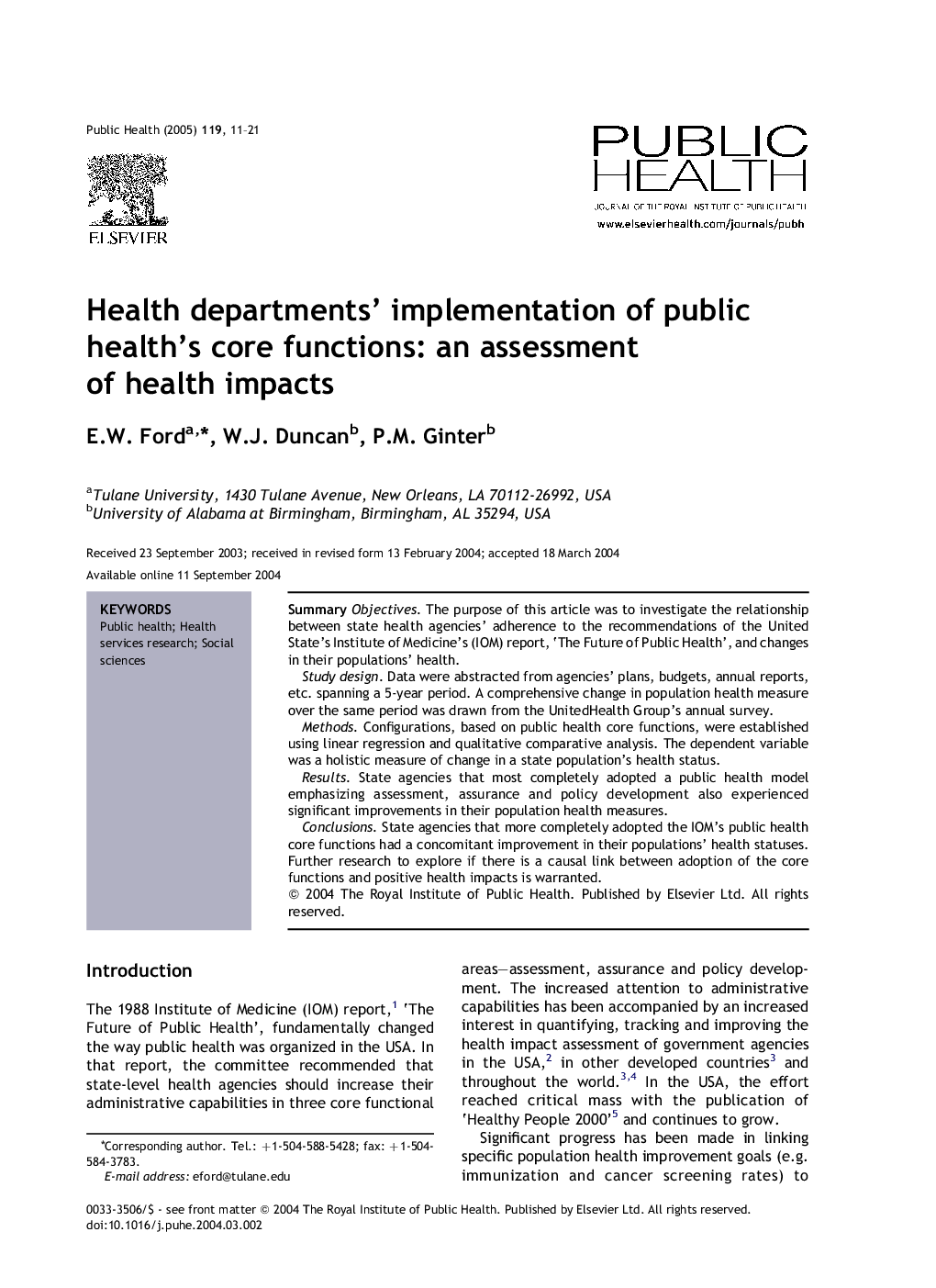 Health departments' implementation of public health's core functions: an assessment of health impacts