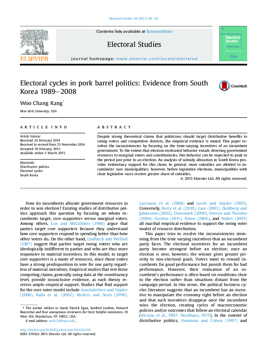 Electoral cycles in pork barrel politics: Evidence from South Korea 1989–2008
