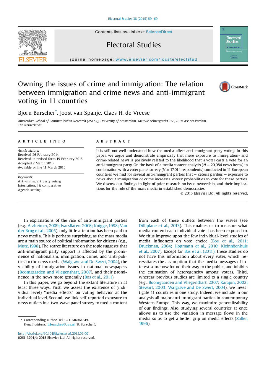 Owning the issues of crime and immigration: The relation between immigration and crime news and anti-immigrant voting in 11 countries