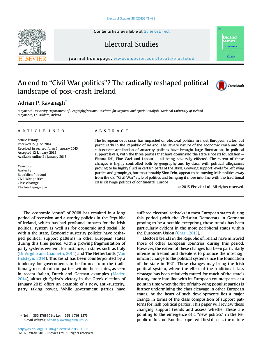 An end to “Civil War politics”? The radically reshaped political landscape of post-crash Ireland