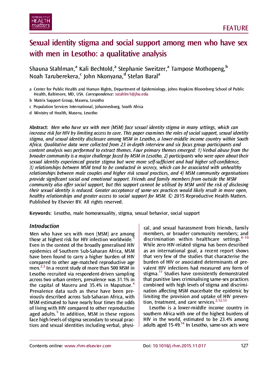 Sexual identity stigma and social support among men who have sex with men in Lesotho: a qualitative analysis