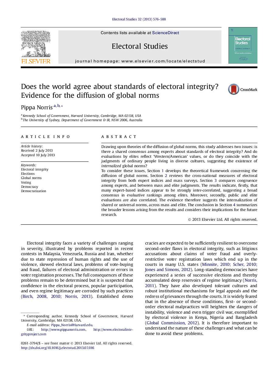 Does the world agree about standards of electoral integrity? Evidence for the diffusion of global norms