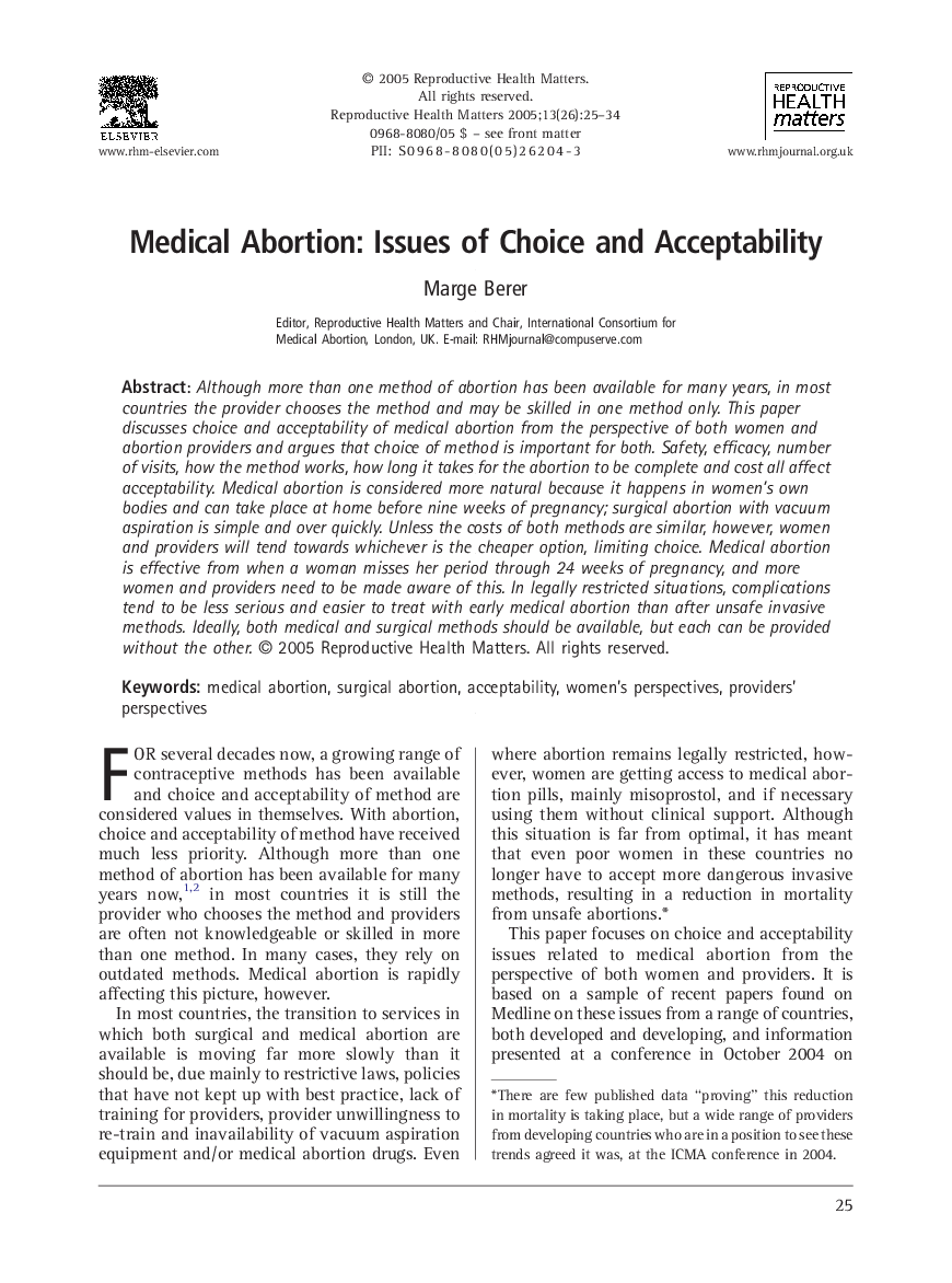 Medical Abortion: Issues of Choice and Acceptability