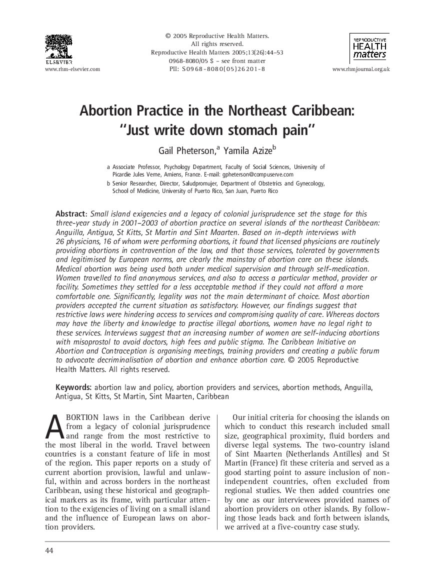 Abortion Practice in the Northeast Caribbean: “Just write down stomach pain”