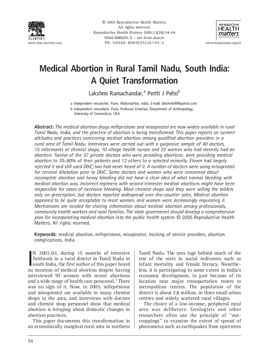 Medical Abortion in Rural Tamil Nadu, South India: A Quiet Transformation