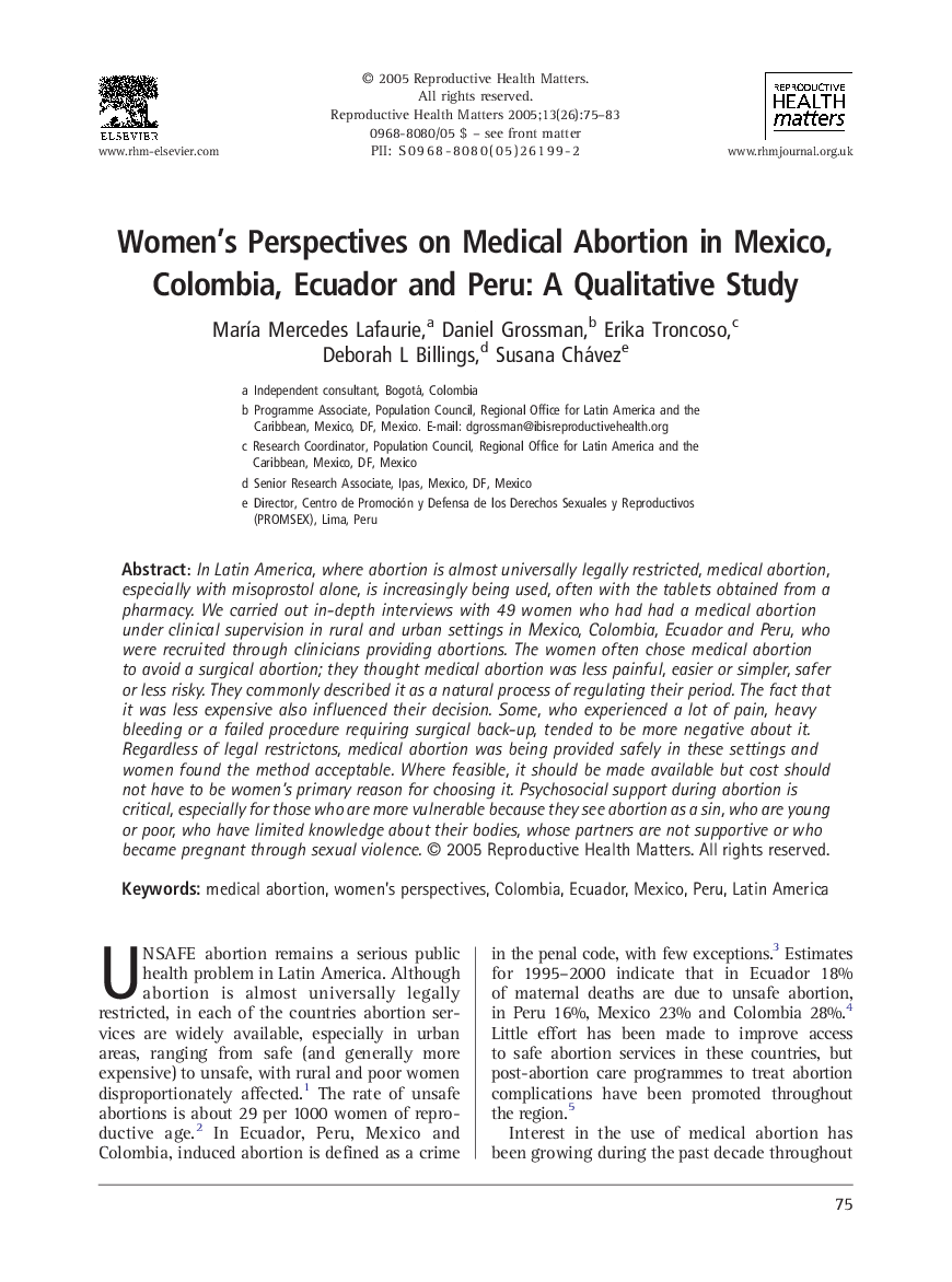 Women's Perspectives on Medical Abortion in Mexico, Colombia, Ecuador and Peru: A Qualitative Study