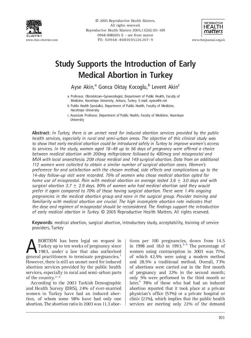 Study Supports the Introduction of Early Medical Abortion in Turkey