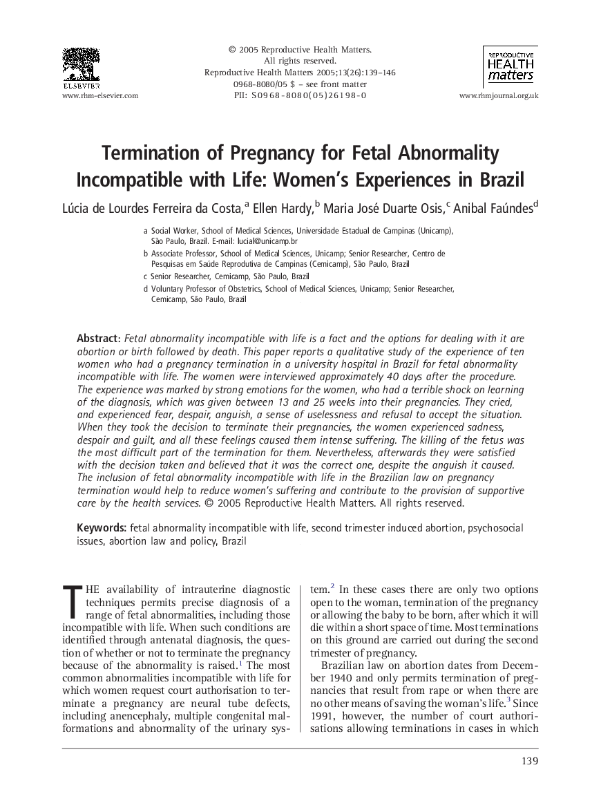 Termination of Pregnancy for Fetal Abnormality Incompatible with Life: Women's Experiences in Brazil