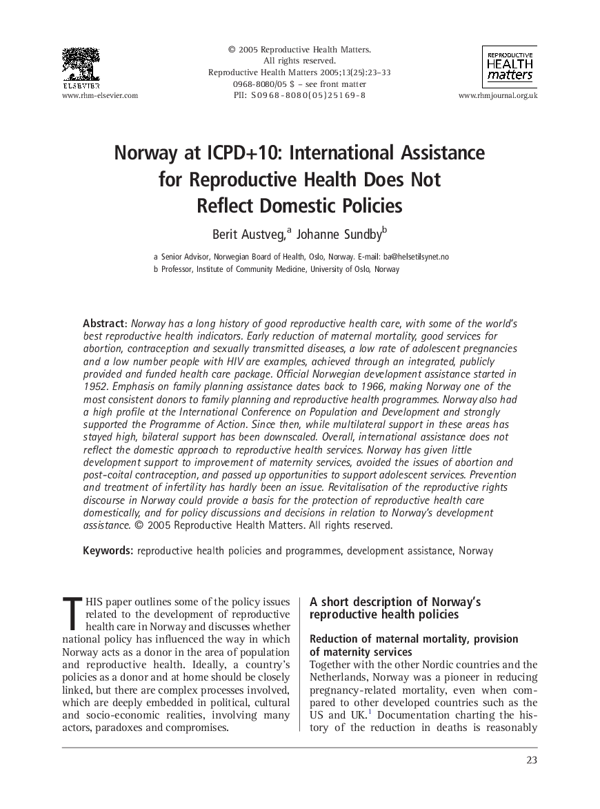 Norway at ICPD+10: International Assistance for Reproductive Health Does Not Reflect Domestic Policies